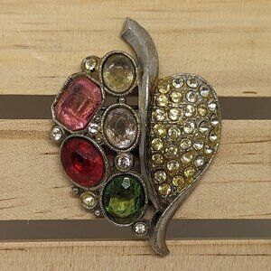 Vintage Heart Leaf Brooch Pin With Multicolored Rhinestones Autumn Fall Pave